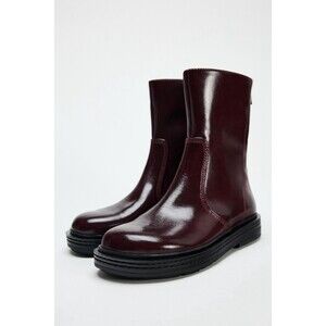 Zara Women Burgundy Faux Leather Ankle Boots Zip Up US 7.5 EUR 38  3112/410